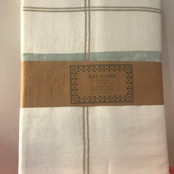 Cotton tablecloth with tan and green woven stripes from Pakistan - Picture 1 of 3